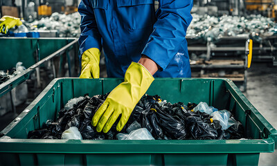 The hands of the employee in yellow gloves are close-up. On the conveyor for recycling and sorting garbage from plastic bottles, garbage sorting and recycling concept