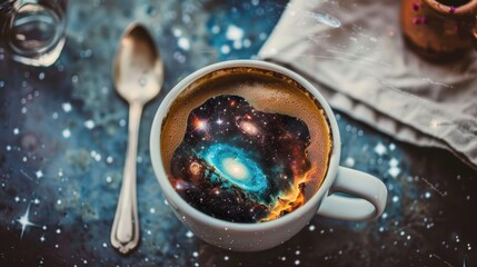 Creative depiction of a swirling galaxy in a coffee cup placed on a splattered backdrop