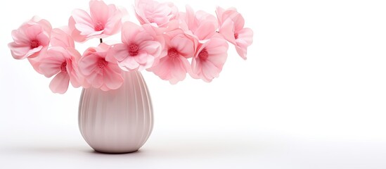 Elegant White Vase Overflowing with Delicate Pink Blossoms and Green Leaves