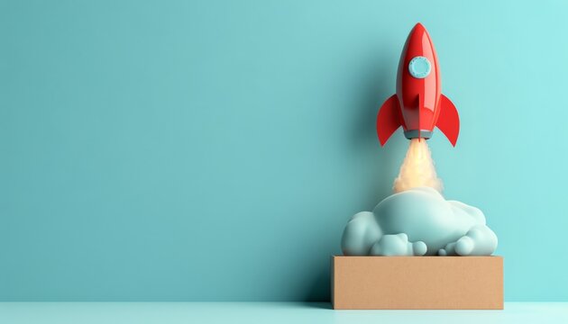 3d rocket launching from cardboard box on pastel background with copy space for text placement