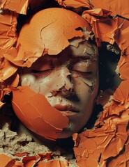 Dynamic image of a female person showing a broken eggshell with striking burnt orange color and...