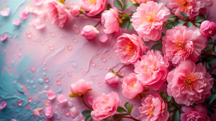 Pink sakura flowers on blue background with water drops, copy space