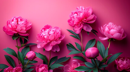 Pink peony flowers on pink background. Flat lay, top view