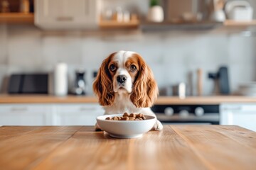 Close up of a puppy eating food in a sunlit kitchen, pet care concept, animal behavior with copy space
Close-up of a dog eating food in a sunlit kitchen, pet care concept, animal behavior with copy sp