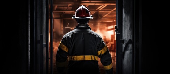 Fototapeta na wymiar Brave Firefighter Stands Vigilant in the Shadows of a Dark Room Ready to Conquer the Flames
