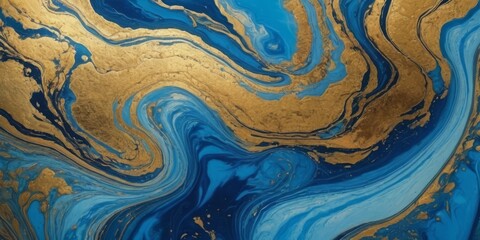 Marbled blue and golden abstract background. Liquid marble