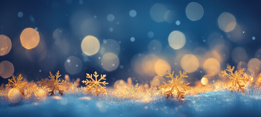 Fototapeta na wymiar Cozy Christmas golden snowflakes on the snow background with yellow and blue bokeh hues. Festive, uplifting wallpaper backdrop