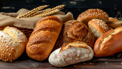assortment of baked bread on wooden table with ears of wheat.