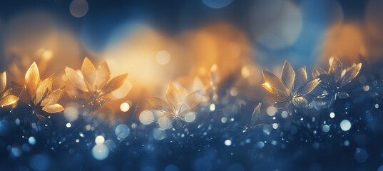 Cozy Christmas golden ice flowers on the snow background with yellow and blue bokeh hues. Festive, uplifting wallpaper backdrop