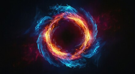 Blue Fire Flames in Circular Neon Light Wave, Isolated on Black Background Ai Generative 
