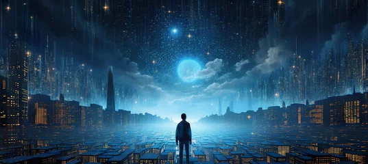 Poster Futuristic advanced sci fi digital city landscape background. Information technology age, a man exploring the future concept wallpaper backdrop © Gajus