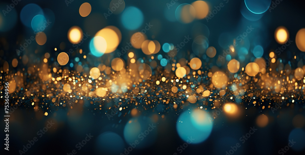 Poster Luxury orange gold rich glitter sparkle, dark blue bokeh background. Festive glamorous shimmering wallpaper backdrop - Posters