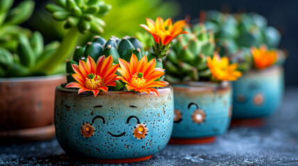 Cactus and succulents in ceramic pots on dark background.