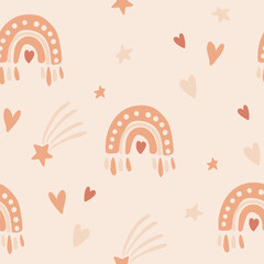 Cute cartoon Bohemian nursery pattern. Vector boho repeating background for kids nursery room, poster print, textile, decor, stationery.  Seamless pattern with cartoon rainbow, moon, clouds, whale