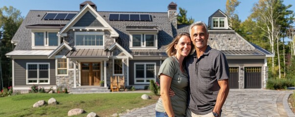 Middle age couple standing in front of their new large house with solar panels on roof.