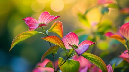 Blooming soft pink dogwood branches on a blurred light background. The concept for the development of horticultural farms and small businesses growing non-GMO products.
