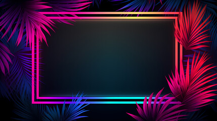 Glowing neon border embracing abstract palm leaves