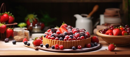 Obraz na płótnie Canvas Delicious Home-Baked Cake Covered with Fresh Berries and Strawberries on Rustic Wooden Table
