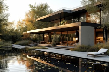 Fototapeta na wymiar A modern house and its outdoor features against a backdrop of soft black