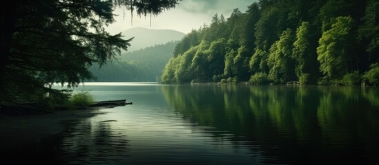 Obraz premium Serene Boat Glides Through Lush Green Forest, Embracing Nature's Tranquility and Peaceful Beauty