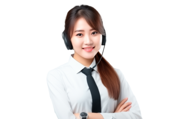 Telemarketer pretty asian woman wearing a white shirt and tie on a cutout PNG transparent background
