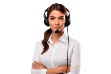 Brown Telemarketer pretty woman wearing headphones and white shirt with arms crossed looking at camera on a cutout PNG transparent background