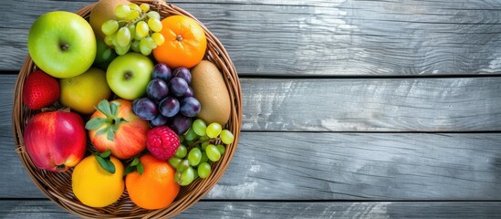 Top view of a variety of fresh fruits in a basket on a gray wooden table, evoking the concept of healthy food.