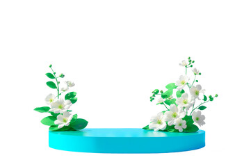 podium with spring background for product presentation. Three-dimensional display stand with flowers for cosmetics, perfume. Minimalist showcase with spring design scene