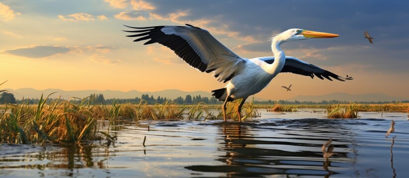 Graceful Bird Soars majestically Over Shimmering Lake in a Serene Flight