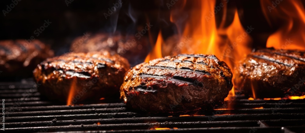 Sticker Sizzling Grilled Meat Over Open Flames on Barbecue in Outdoor Summer Cookout