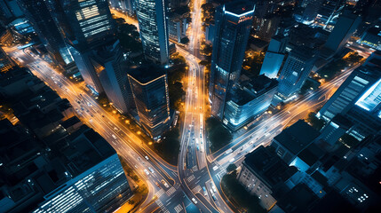Fototapeta premium High angle view of city at night with skyscrapers and large buildings