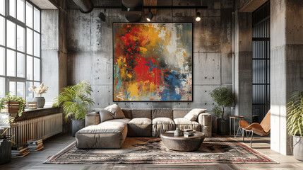 Urban chic living space with exposed concrete walls and edgy artwork.