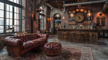 Urban loft living room featuring exposed brick walls, vintage leather sofa, and industrial-style...