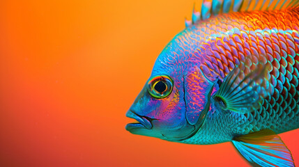 A vibrant rainbow fish with scales glistening in the light, swimming against a solid coral orange backdrop. - obrazy, fototapety, plakaty
