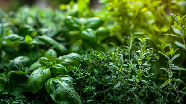 Close-up image of fresh, green culinary herbs in a garden, highlighted by natural sunlight