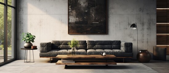 Fototapeta na wymiar Modern living room featuring a black sofa
