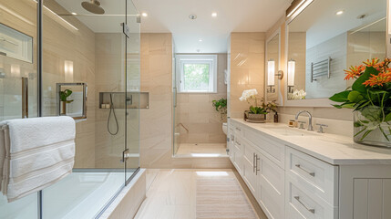 a space-saving bathroom with a compact vanity and walk-in shower.