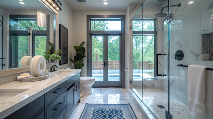 sleek modern bathroom with marble countertops and a glass-enclosed shower.