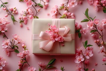 "A beautiful gift box with flowers on a pink background.