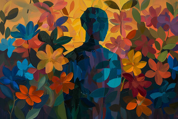 A Cubist-Minimalist figure, elongated and simplified, stands amidst a vibrant garden, petals blooming around it in all directions. The sun casts complementary lighting, bathing the scene in hues of or