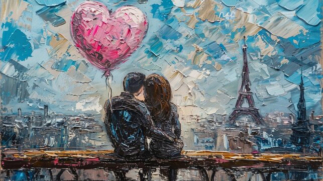A couple in love with pink heart balloon. Paris cityscape oil painting. Love and travel concept. For Valentine's day celebration. Romantic illustration for wallpaper, banner