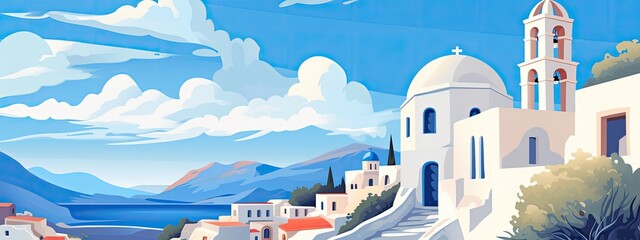 Landscape with Greek white buildings and sea coast - obrazy, fototapety, plakaty