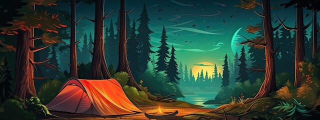 landscape of a night forest with a tent - obrazy, fototapety, plakaty