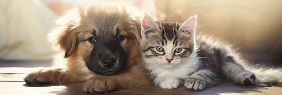 Cute kitten and puppy sitting next to each other in the sunlight. Photo