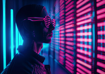 A futuristic man wearing pink neon sunglasses is standing in a room with glowing purple lines and squares on the walls.