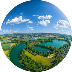 Das Naherholungsgebiet Baggersee an der Donau in Donauwörth, Little Planet-Ansicht, freigestellt