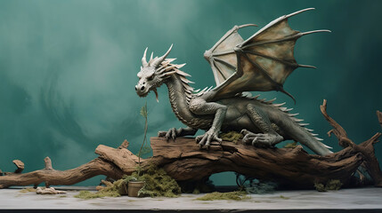 A awesome strong realistic dragon sits on a driftwood. Photo

