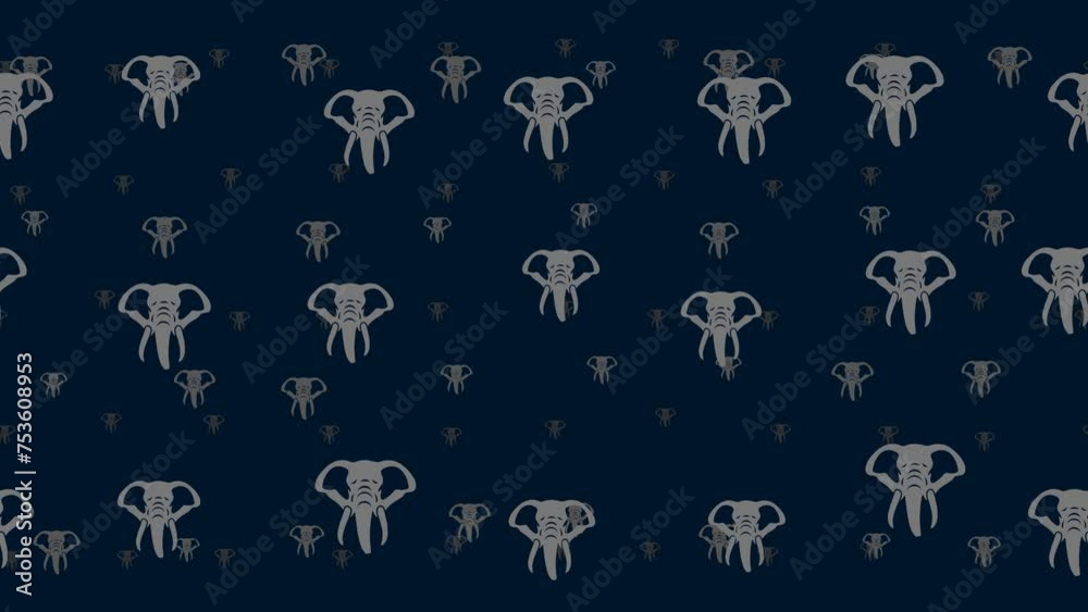 Poster elephant heads float horizontally from left to right. parallax fly effect. floating symbols are loca