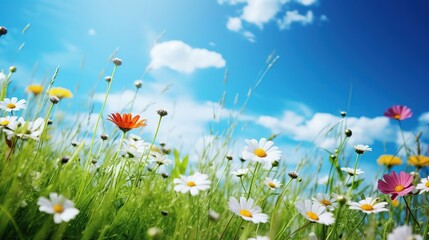 Picturesque summer meadow, field with wildflowers, blue sky with clouds banner, in sunlight