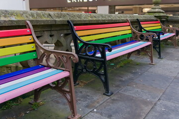 colorful park benches in the city